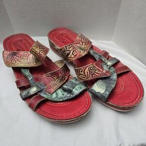 Lartiste Leather Caiman Sandals Red Multi Size 10 Euro 41 Boho Festival Artsy